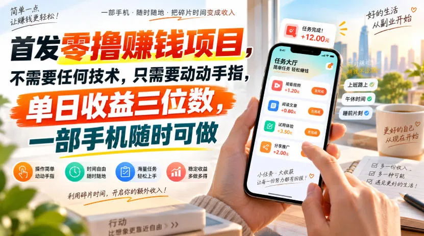 首发零撸賺钱项目，不需要任何技术，只需要动动手指，单日收益三位数，一部手机随时可做