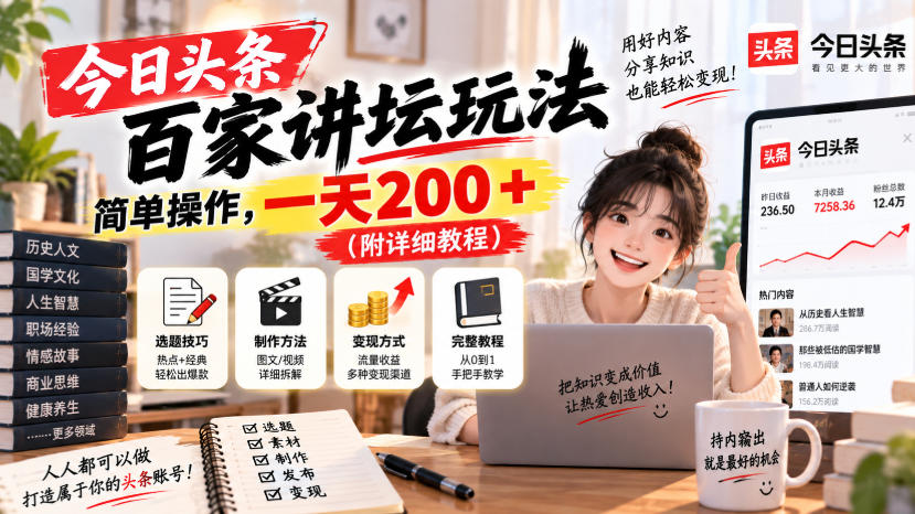 今日头条百家讲坛玩法，简单搬运，一天200+（附详细教程）