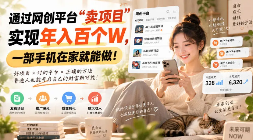 通过网创平台“卖项目”实现年入百个W，一部手机在家就能做！