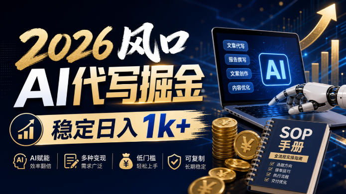 2026风口AI代写掘金，稳定日入1k+，附SOP手册，AI文案变现，抓住风口！