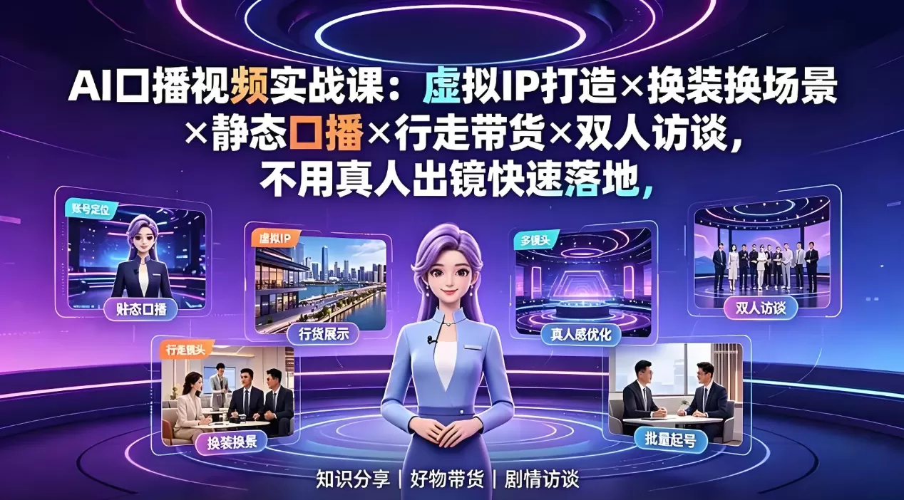 AI口播视频实战课：虚拟IP打造×换装换场景×静态口播×行走带货×双人访谈，不用真人