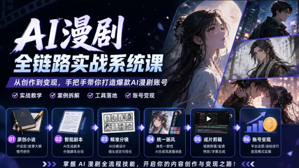 AI漫剧全链路实战系统课｜原创小说、智能剧本、精准分镜、统一画风、成片剪辑、账号变现实操教学