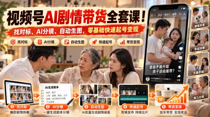 视频号AI剧情带货全套课！找对标、AI分镜、自动生图，零基础快速起号变现