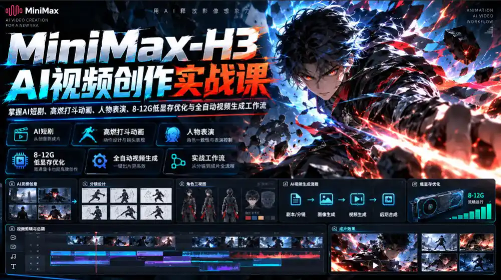 MiniMax-H3 AI视频创作实战课，掌握AI短剧、高燃打斗动画、人物表演、8-12G低显存优化与全自动视频生成工作流