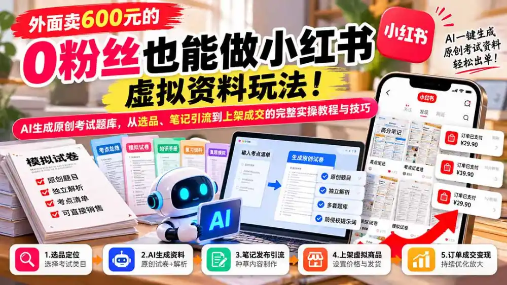 外面卖600元的 零粉丝也能做小红书虚拟资料玩法！AI生成原创考试题库，从选品、笔记引流到上架成交的完整实操教程