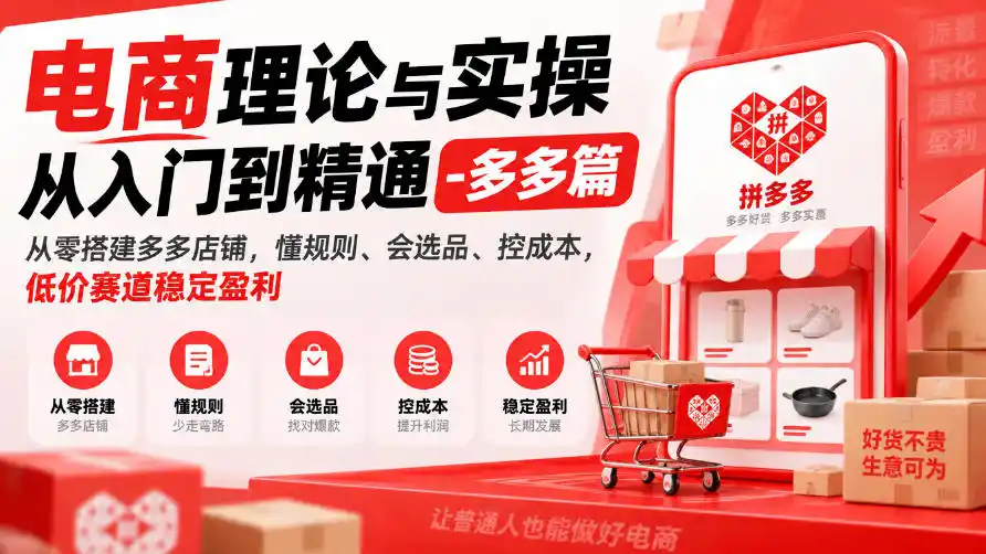 电商理论与实操从入门到精通-多多篇，从零搭建多多店铺，懂规则、会选品、控成本，低价赛道稳定盈利