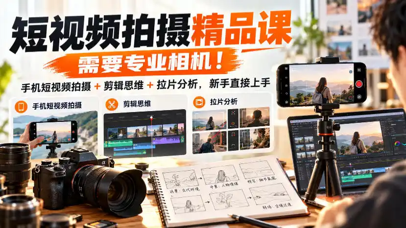 短视频拍摄精品课，需要专业相机！手机短视频拍摄+剪辑思维+拉片分析，新手直接上手